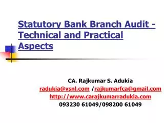 Statutory Bank Branch Audit - Technical and Practical Aspects