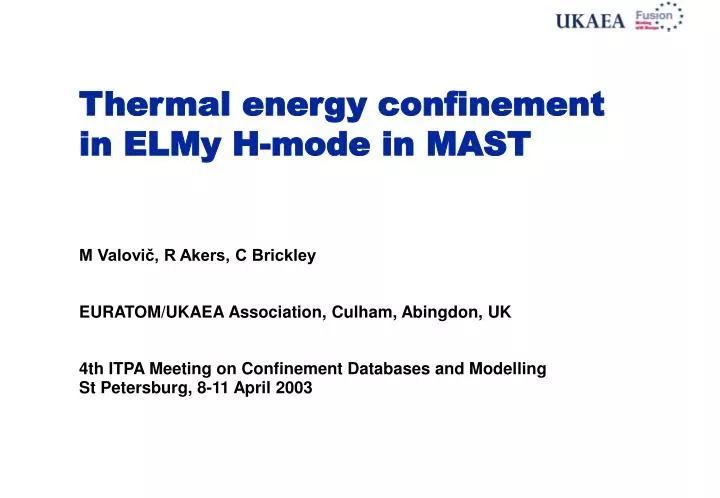thermal energy confinement in elmy h mode in mast