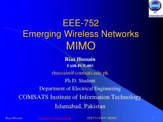 EEE-752 Emerging Wireless Networks MIMO