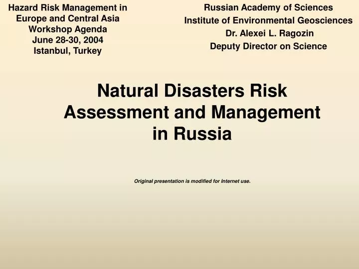 hazard risk management in europe and central asia workshop agenda june 28 30 2004 istanbul turkey
