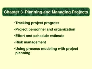 Tracking project progress Project personnel and organization Effort and schedule estimate