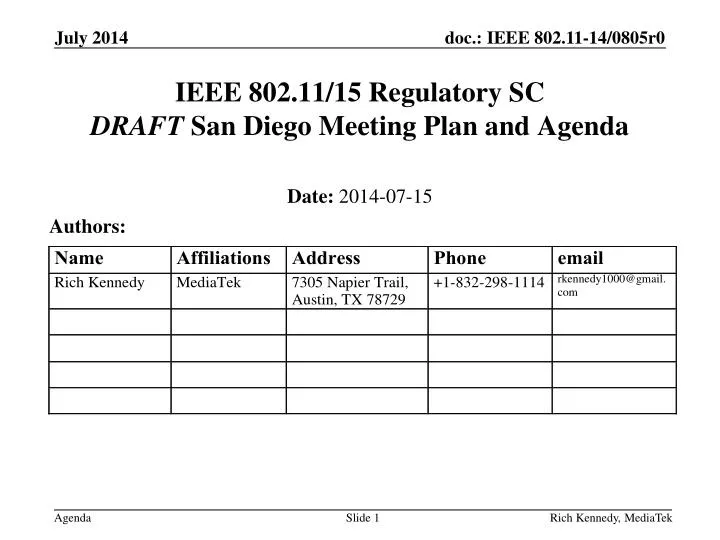 ieee 802 11 15 regulatory sc draft san diego meeting plan and agenda
