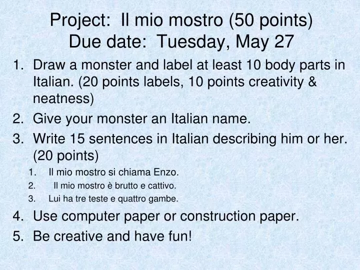 project il mio mostro 50 points due date tuesday may 27
