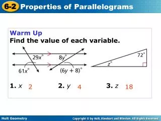 Warm Up Find the value of each variable. 1. x 2. y			 3. z