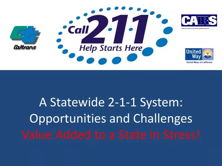 a statewide 2 1 1 system opportunities and challenges value added to a state in stress