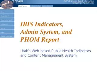 IBIS Indicators, Admin System, and PHOM Report