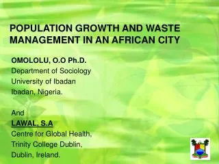 POPULATION GROWTH AND WASTE MANAGEMENT IN AN AFRICAN CITY