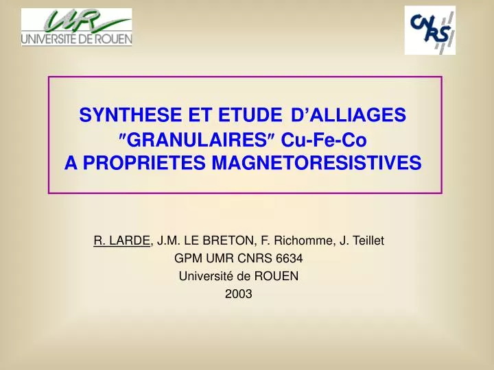 synthese et etude d alliages granulaires cu fe co a proprietes magnetoresistives