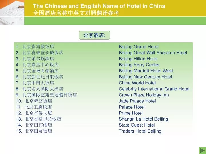 the chinese and english name of hotel in china