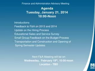 Agenda Tuesday, January 21, 2014 10:00-Noon