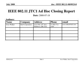 IEEE 802.11 JTC1 Ad Hoc Closing Report