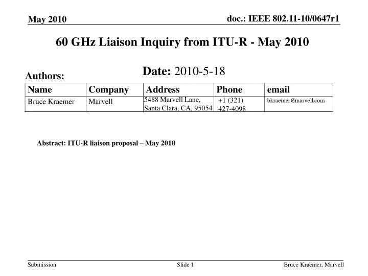 60 ghz liaison inquiry from itu r may 2010