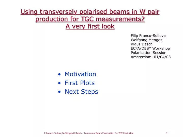 using transversely polarised beams in w pair production for tgc measurements a very first look