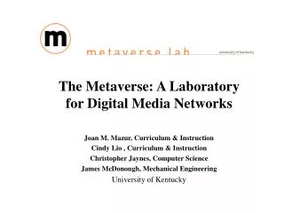 The Metaverse: A Laboratory for Digital Media Networks Joan M. Mazur, Curriculum &amp; Instruction