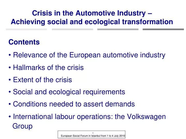 crisis in the automotive industry achieving social and ecological transformation