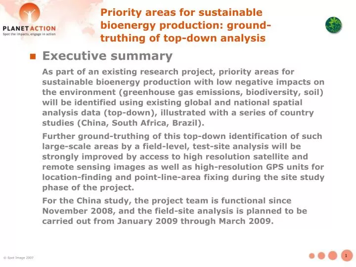 priority areas for sustainable bioenergy production ground truthing of top down analysis