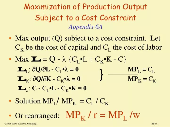 maximization of production output subject to a cost constraint appendix 6a