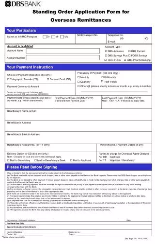 Standing Order Application Form for Overseas Remittances