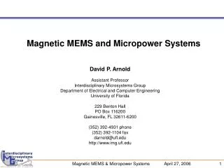 Magnetic MEMS and Micropower Systems