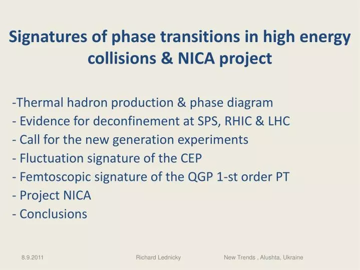 signatures of phase transitions in high energy collisions nica project
