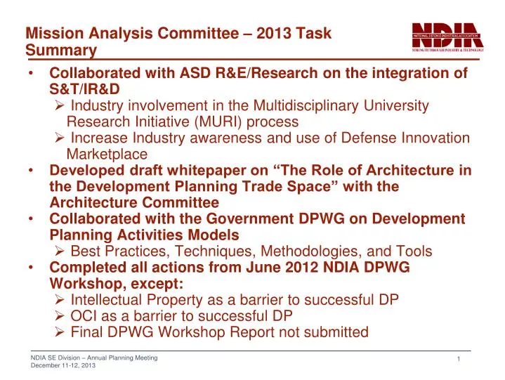 mission analysis committee 2013 task summary