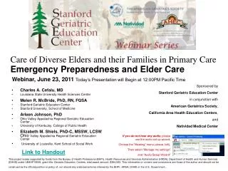 Care of Diverse Elders and their Families in Primary Care Emergency Preparedness and Elder Care
