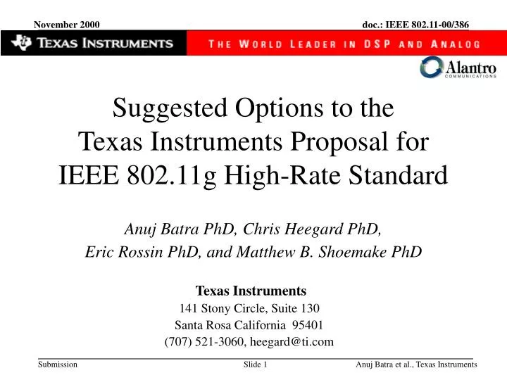 suggested options to the texas instruments proposal for ieee 802 11g high rate standard
