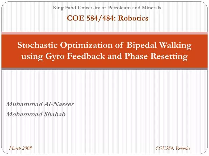 stochastic optimization of bipedal walking using gyro feedback and phase resetting