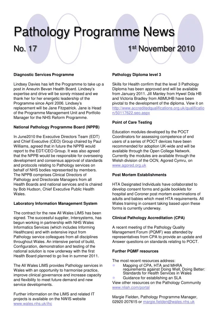 pathology programme news no 17 1 st november 2010