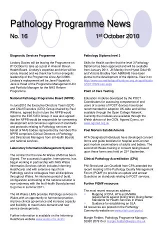 Pathology Programme News No. 16 1 st October 2010