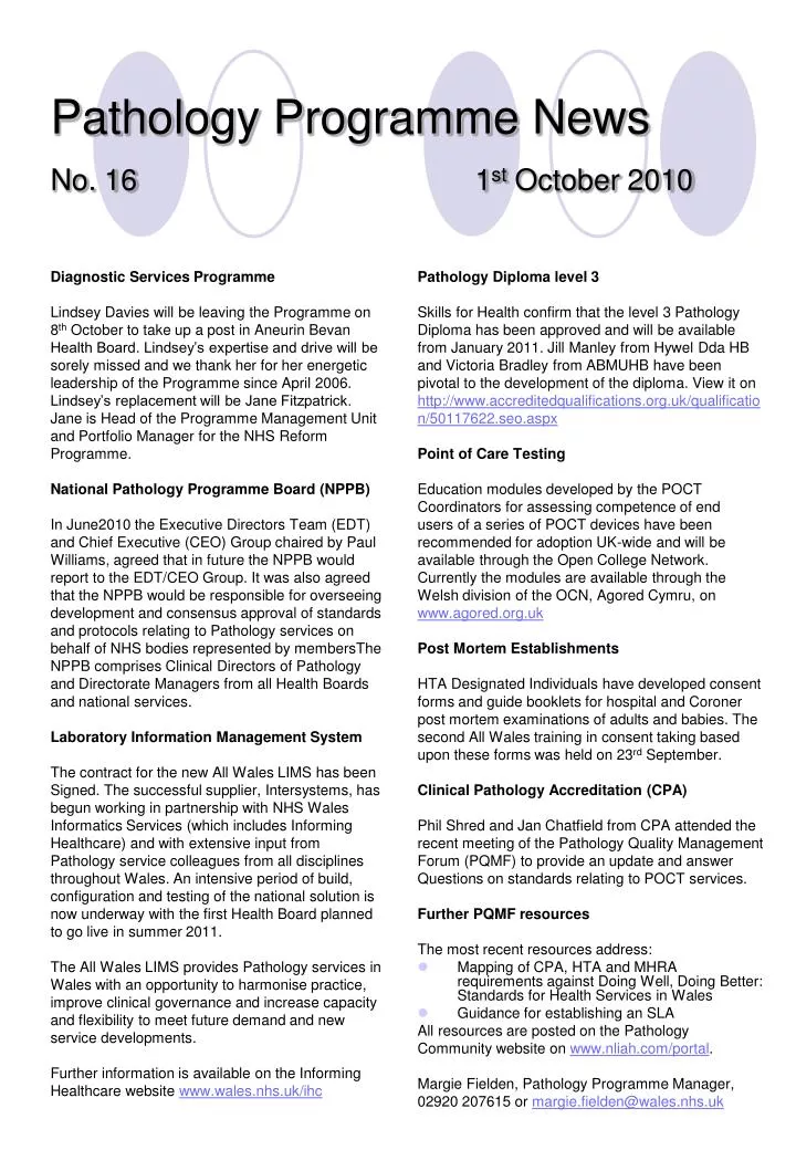 pathology programme news no 16 1 st october 2010