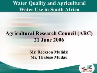 Water Quality and Agricultural Water Use in South Africa