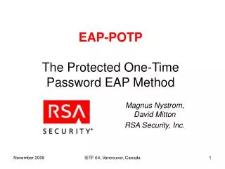 EAP-POTP The Protected One-Time Password EAP Method