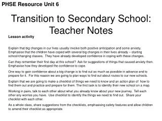 Transition to Secondary School: Teacher Notes