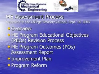 ME Assessment Process Presented to the College Advisory Council, Sept. 18, 2003