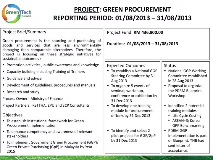 project green procurement reporting period 01 08 2013 31 08 2013