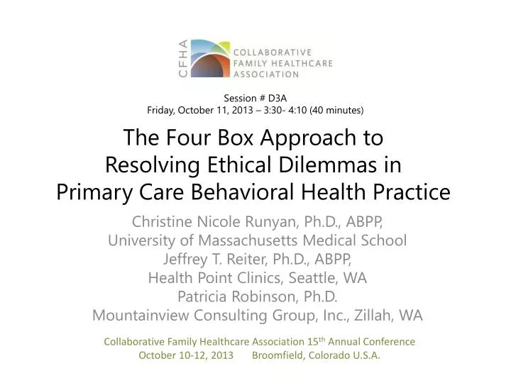 the four box approach to resolving ethical dilemmas in primary care behavioral health practice