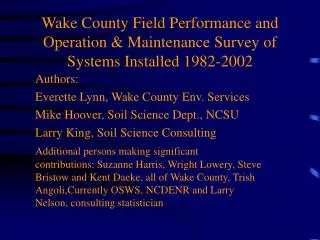 Wake County Field Performance and Operation &amp; Maintenance Survey of Systems Installed 1982-2002