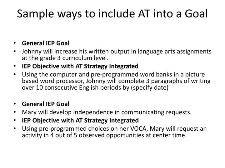 sample ways to include at into a goal