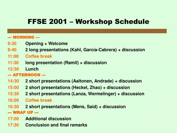ffse 2001 workshop schedule