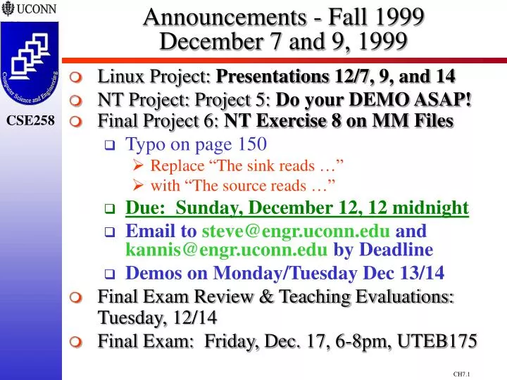 announcements fall 1999 december 7 and 9 1999