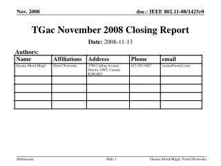 TGac November 2008 Closing Report
