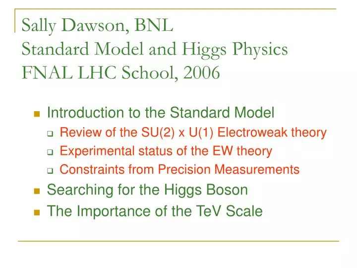 sally dawson bnl standard model and higgs physics fnal lhc school 2006