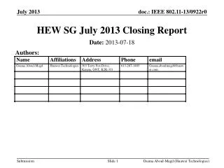 HEW SG July 2013 Closing Report
