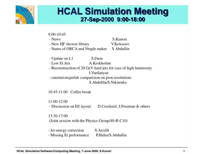hcal simulation meeting 27 sep 2000 9 00 18 00