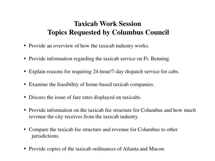 taxicab work session topics requested by columbus council