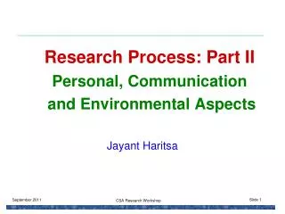 Research Process: Part II Personal, Communication and Environmental Aspects