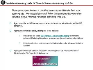 Guidelines for Linking to the GE Financial Advanced Marketing Web Site