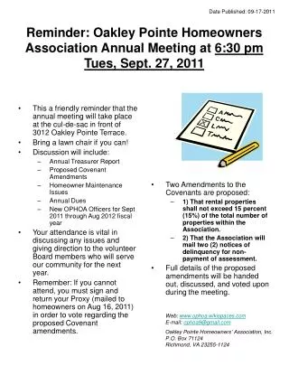 Reminder: Oakley Pointe Homeowners Association Annual Meeting at 6:30 pm Tues, Sept. 27, 2011