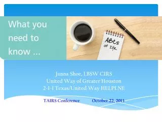 Janna Shoe, LBSW CIRS United Way of Greater Houston 2-1-1 Texas/United Way HELPLNE
